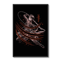 Anime warrior swinging dual blades poster framed on a white gallery wall