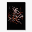 Anime warrior swinging dual blades poster framed on a white gallery wall