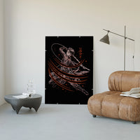 Anime warrior swinging dual blades poster framed in a luxury living-room setting