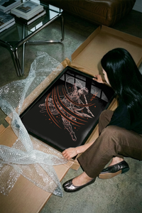 The Anime warrior swinging dual blades poster shown across its range of print sizes