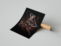 Anime warrior swinging dual blades poster styled above furniture in a modern room