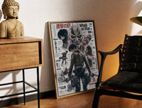 Brass-framed Attack on Titan characters and titans print leaning in a warm styled corner by a sculpture
