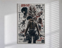Attack on Titan characters and titans poster in a slim frame on a bright wall with soft window light
