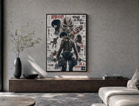 Attack on Titan characters and titans poster framed above a wood console in a concrete-wall living room