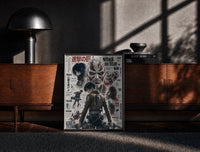 Black-framed Attack on Titan characters and titans print on a moody console with designer coffee-table books