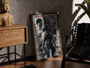 Walnut-framed Attack on Titan characters and titans print leaning against a sunlit rustic brick wall