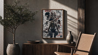 Attack on Titan characters and titans poster framed above a fluted sideboard beside an olive tree