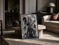 Attack on Titan characters and titans print in a black frame leaning on a travertine table in a sunlit lounge