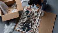 Attack on Titan characters and titans framed print being unpacked from protective bubble wrap and a box