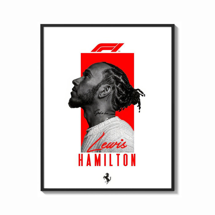 Framed Lewis Hamilton profile portrait print shown as a bold statement piece on a clean gallery wall