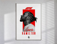Lewis Hamilton profile portrait poster in a slim frame on a bright wall with soft window light
