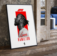 Lewis Hamilton profile portrait print in a black frame leaning beside a vintage door on parquet