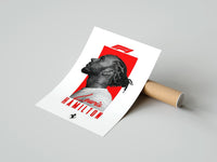 Rolled Lewis Hamilton profile portrait poster beside its crush-resistant kraft shipping tube
