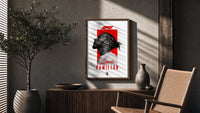 Lewis Hamilton profile portrait poster framed above a fluted sideboard beside an olive tree