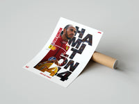 Rolled Lewis Hamilton F1 driver portrait poster beside its crush-resistant kraft shipping tube
