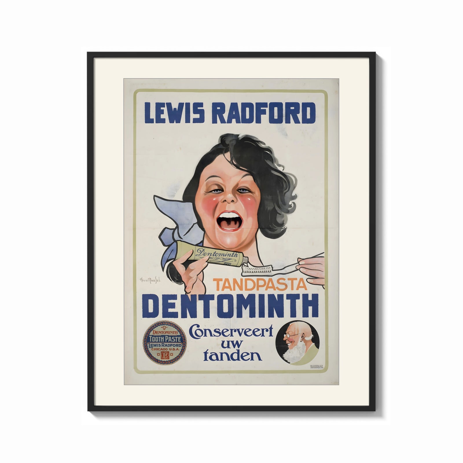 Framed Woman brushing teeth with toothpaste print shown as a bold statement piece on a clean gallery wall