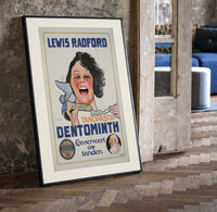 Woman brushing teeth with toothpaste print in a black frame leaning beside a vintage door on parquet