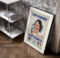 Woman brushing teeth with toothpaste poster in a black frame leaning beside a shelf in a raw-plaster loft