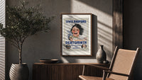 Woman brushing teeth with toothpaste poster framed above a fluted sideboard beside an olive tree