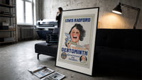 Woman brushing teeth with toothpaste print in a slim black frame leaning on a dark sofa in a concrete print studio