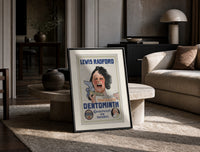 Woman brushing teeth with toothpaste print in a black frame leaning on a travertine table in a sunlit lounge