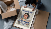 Woman brushing teeth with toothpaste framed print being unpacked from protective bubble wrap and a box