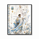 Framed Samurai soccer player with katana print shown as a bold statement piece on a clean gallery wall