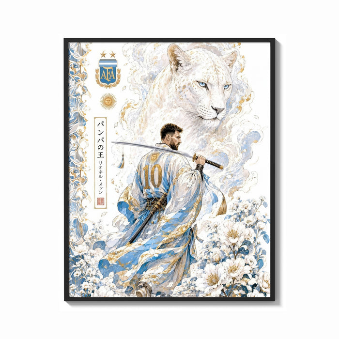 Framed Samurai soccer player with katana print shown as a bold statement piece on a clean gallery wall