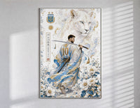Samurai soccer player with katana poster in a slim frame on a bright wall with soft window light