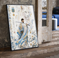 Samurai soccer player with katana print in a black frame leaning beside a vintage door on parquet