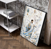 Samurai soccer player with katana poster in a black frame leaning beside a shelf in a raw-plaster loft