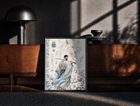 Black-framed Samurai soccer player with katana print on a moody console with designer coffee-table books