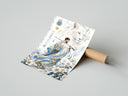 Rolled Samurai soccer player with katana poster beside its crush-resistant kraft shipping tube