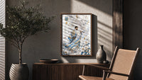 Samurai soccer player with katana poster framed above a fluted sideboard beside an olive tree