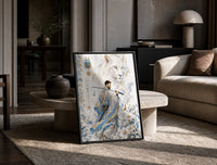 Samurai soccer player with katana print in a black frame leaning on a travertine table in a sunlit lounge