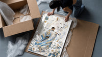 Samurai soccer player with katana framed print being unpacked from protective bubble wrap and a box