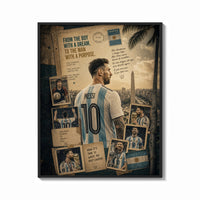 Framed Lionel Messi in an Argentina No.10 shirt print shown as a bold statement piece on a clean gallery wall