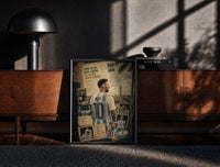 Black-framed Lionel Messi in an Argentina No.10 shirt print on a moody console with designer coffee-table books