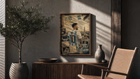 Lionel Messi in an Argentina No.10 shirt poster framed above a fluted sideboard beside an olive tree