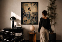 Lionel Messi print in a black frame on a sunlit plaster wall, a woman looking on beside a mushroom lamp