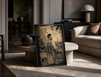 Lionel Messi in an Argentina No.10 shirt print in a black frame leaning on a travertine table in a sunlit lounge