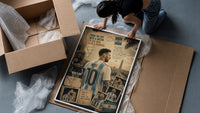 Lionel Messi in an Argentina No.10 shirt framed print being unpacked from protective bubble wrap and a box