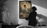 Lionel Messi in an Argentina No.10 shirt print in a slim black frame being hung on a sunlit wall in a monochrome room
