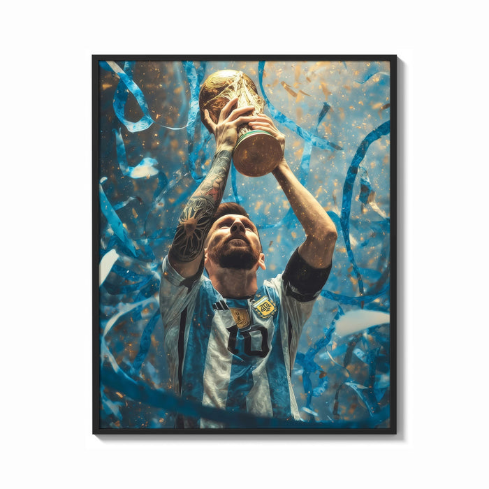 Framed Footballer lifting World Cup trophy print shown as a bold statement piece on a clean gallery wall