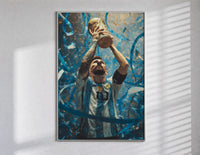 Footballer lifting World Cup trophy poster in a slim frame on a bright wall with soft window light