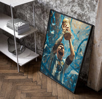 Footballer lifting World Cup trophy poster in a black frame leaning beside a shelf in a raw-plaster loft