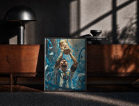 Black-framed Footballer lifting World Cup trophy print on a moody console with designer coffee-table books