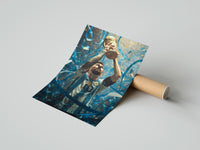 Rolled Footballer lifting World Cup trophy poster beside its crush-resistant kraft shipping tube