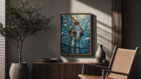 Footballer lifting World Cup trophy poster framed above a fluted sideboard beside an olive tree