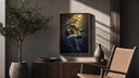 Soccer player lifting World Cup trophy poster framed above a fluted sideboard beside an olive tree